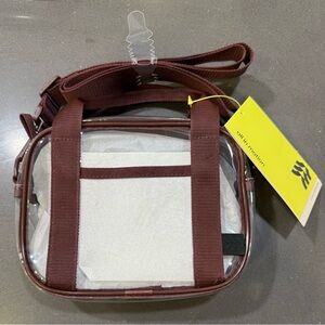 all in motion Clear Crossbody Bag with Brown Trim and Yellow Tag